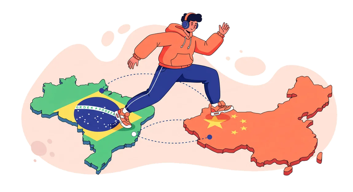 Pessoa atravessando a ponte do Brasil para a China com sua ideia
