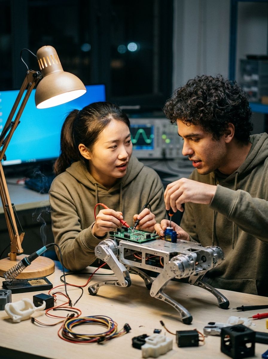 Jovem brasileiro e engenheira chinesa concentrados ajustando um robô quadrúpede em bancada de laboratório