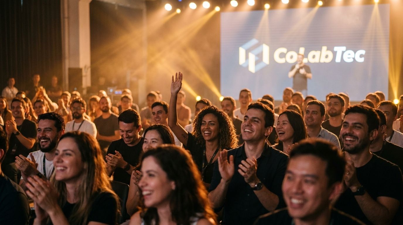 Plateia diversa vibrando durante palestra com iluminação quente e logo CoLabTec no telão ao fundo