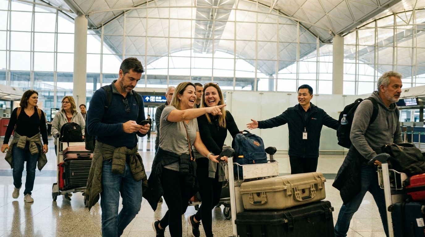 Grupo de empreendedores brasileiros com malas chegando animado no saguão de desembarque do aeroporto de Hong Kong