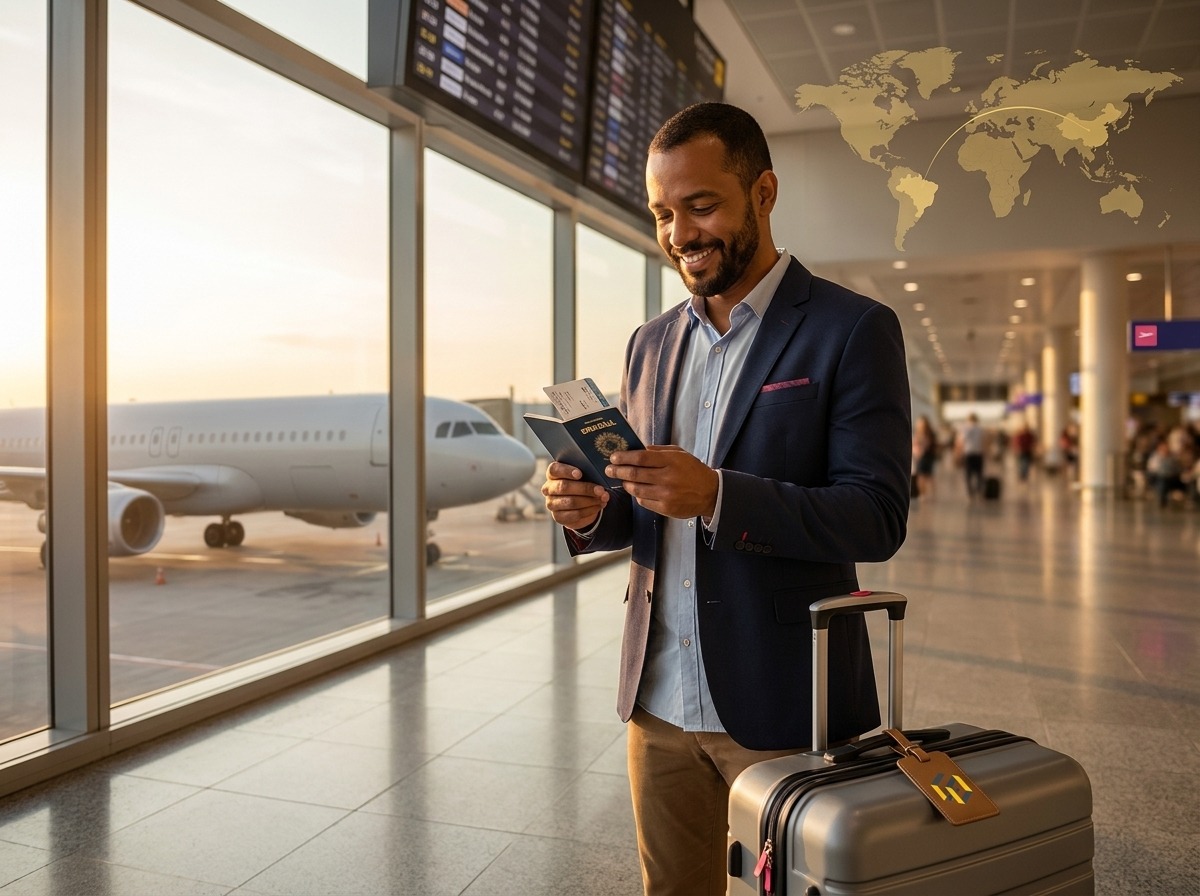 Empreendedor brasileiro no aeroporto com passaporte e cartão de embarque na mão, mala com etiqueta CoLabTec, mapas do Brasil e da China ao fundo